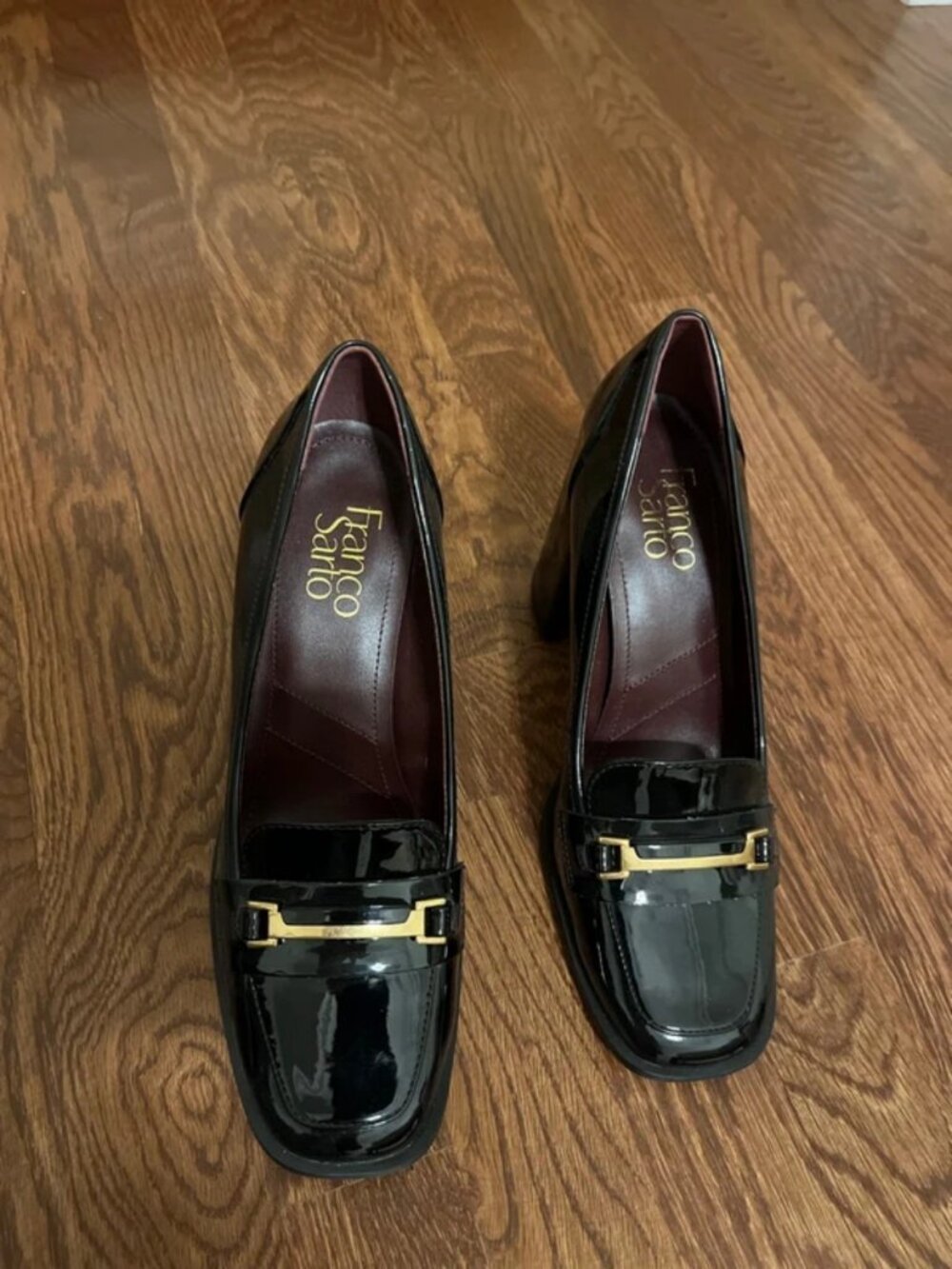 Franco Sarto 3 inc heel black patent loafer